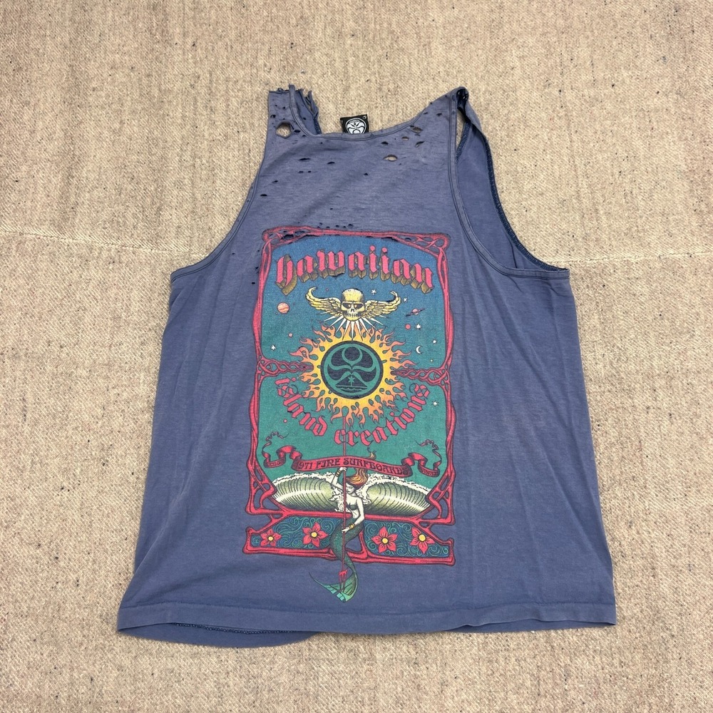 Vintage Hawaiian Island Creations Surfboards Tank Top Medium Blue 1990s Distress